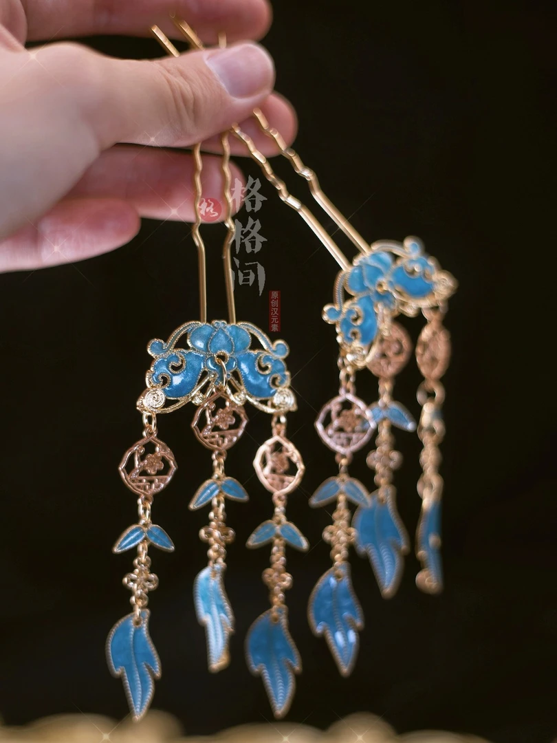 格格间原创【满堂】烧蓝蝴蝶流苏发簪子明制凤冠复古风发饰汉服配饰