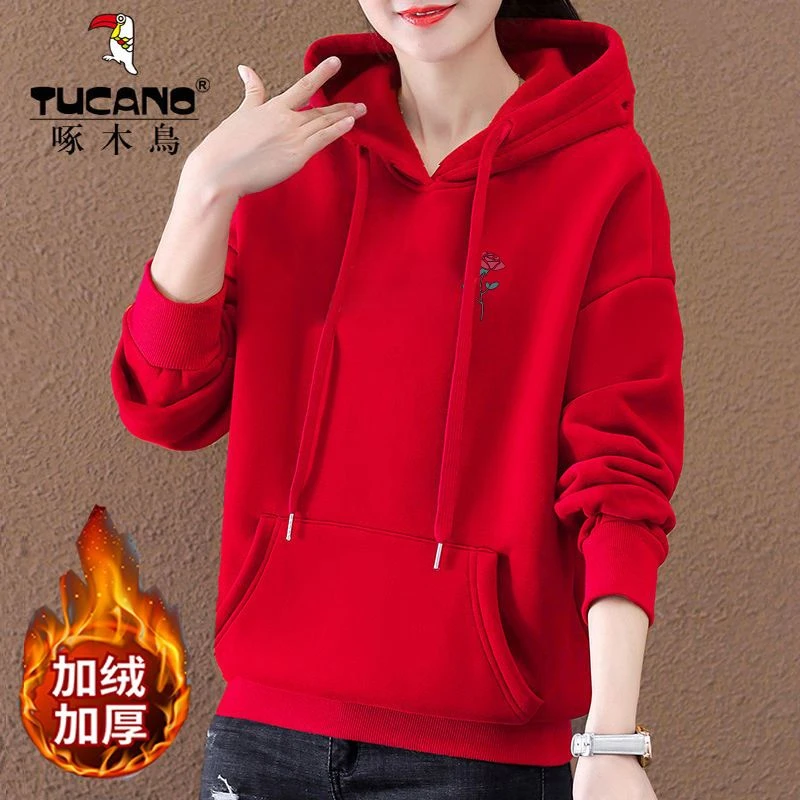 啄木鸟正品加绒连帽卫衣女加绒加厚新款冬季大红色外套上衣打底衫