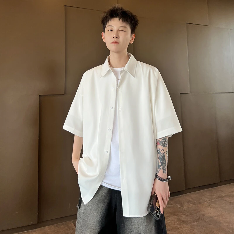 冰丝速干短袖衬衫男款夏季痞帅高级感白衬衣潮牌宽松五分袖外套薄