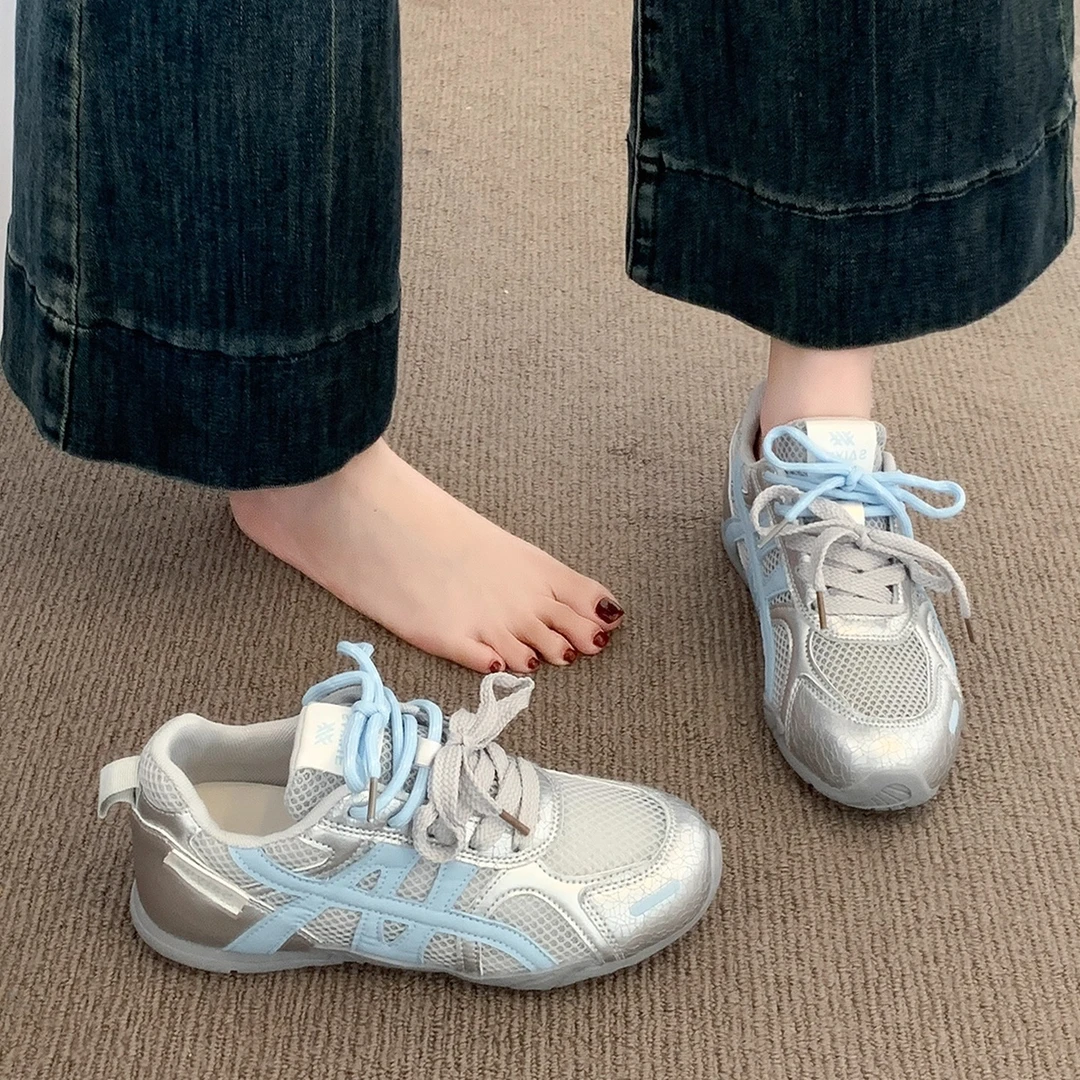 复古网面德训鞋女2025新款夏季透气厚底内增高运动休闲阿甘鞋网鞋