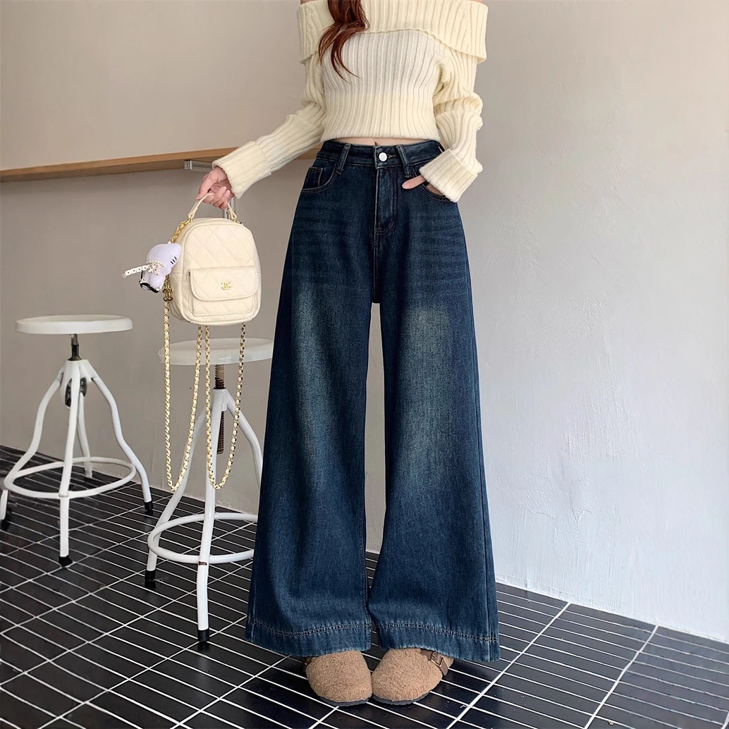 实拍2025秋冬加绒加厚阔腿牛仔裤女新款高腰宽松显瘦直筒长裤女