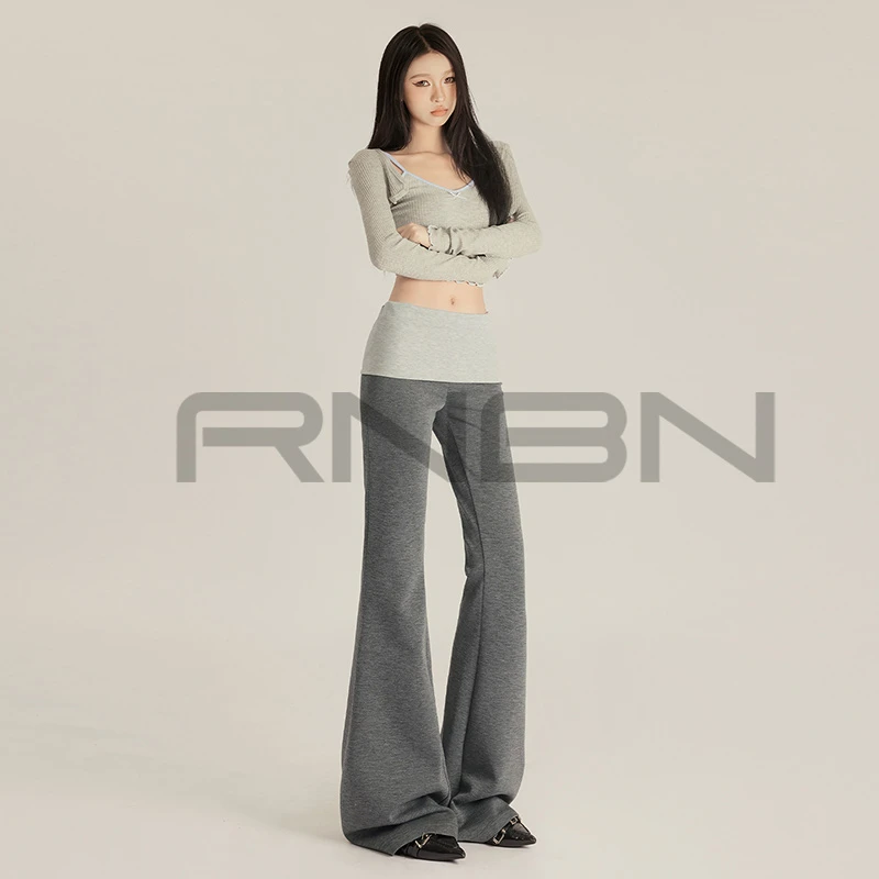 RNBN撞色拼接微喇叭裤高腰修身小众设计显瘦垂感宽松休闲拖地裤