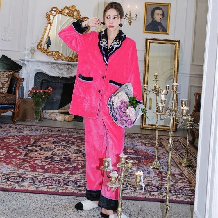 新款加绒夹棉家居服女冬保暖宽松可外穿睡衣套装