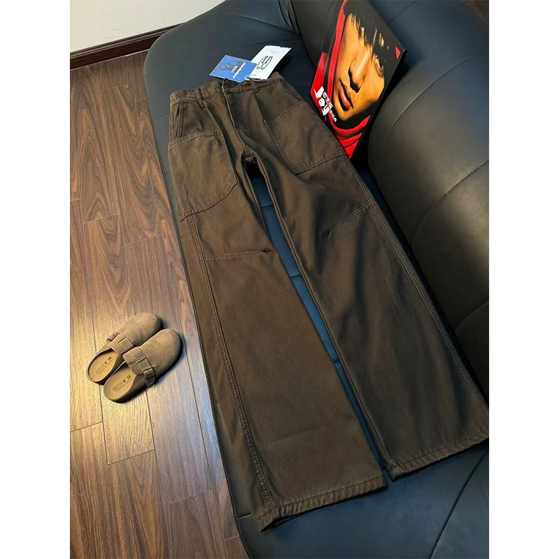 美式复古工装牛仔裤男款秋冬重磅纯棉弯刀裤阔腿显瘦工装长裤