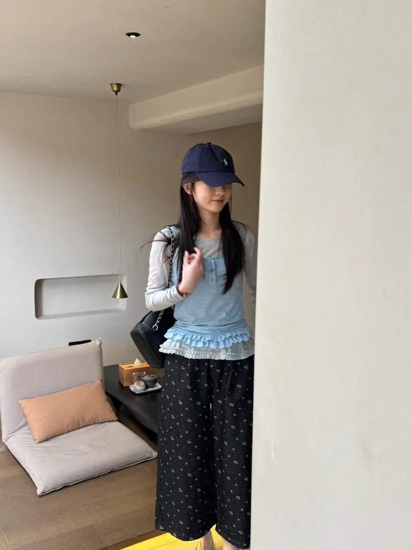 2025春季双层花边吊带打底衫长袖T恤两件套