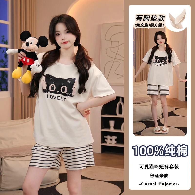 女士带胸垫2025年夏季睡衣纯棉短袖短裤趴趴猫卡通宽松套装家居服