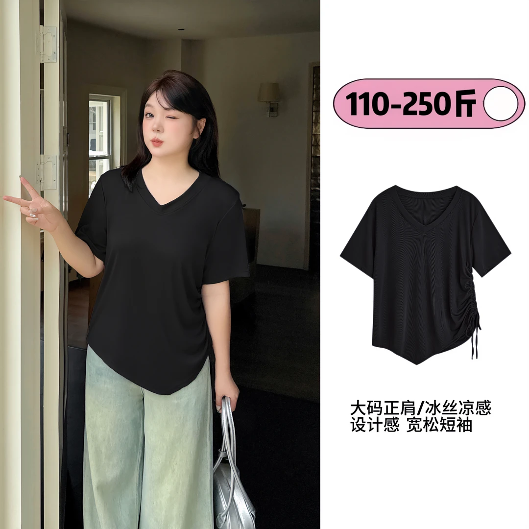 大码女装2025夏季新款胖妹妹T恤不规则正肩V领凉感百搭短袖上衣