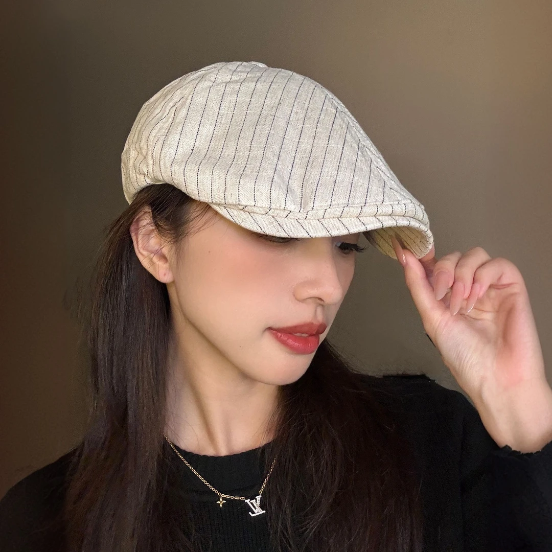 日系条纹前进帽女2025新款春秋复古文艺画家帽英伦休闲报童鸭舌帽