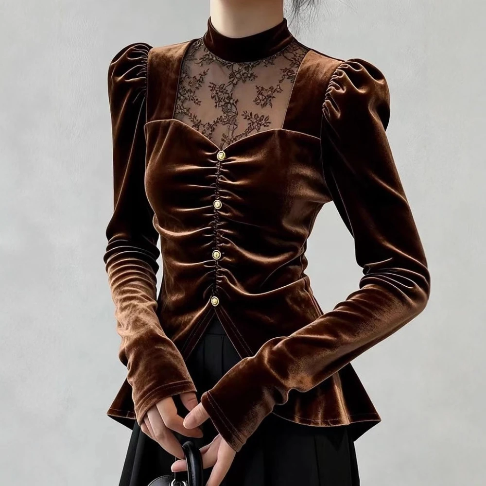 2025独特漂亮超好看丝绒长袖衬衫女秋装设计感蕾丝拼接打底衫上衣