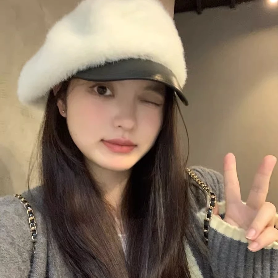 毛绒贝雷帽女2024新款秋冬显脸小韩系纯色八角帽日系画家帽百搭潮
