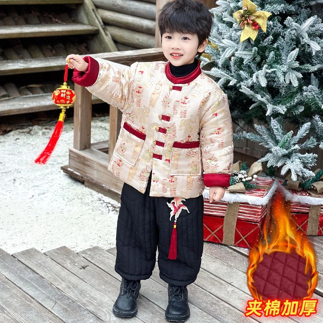 汉服儿童夹棉拜年服男童中国风喜庆唐装周岁礼服宝宝过年棉服套装