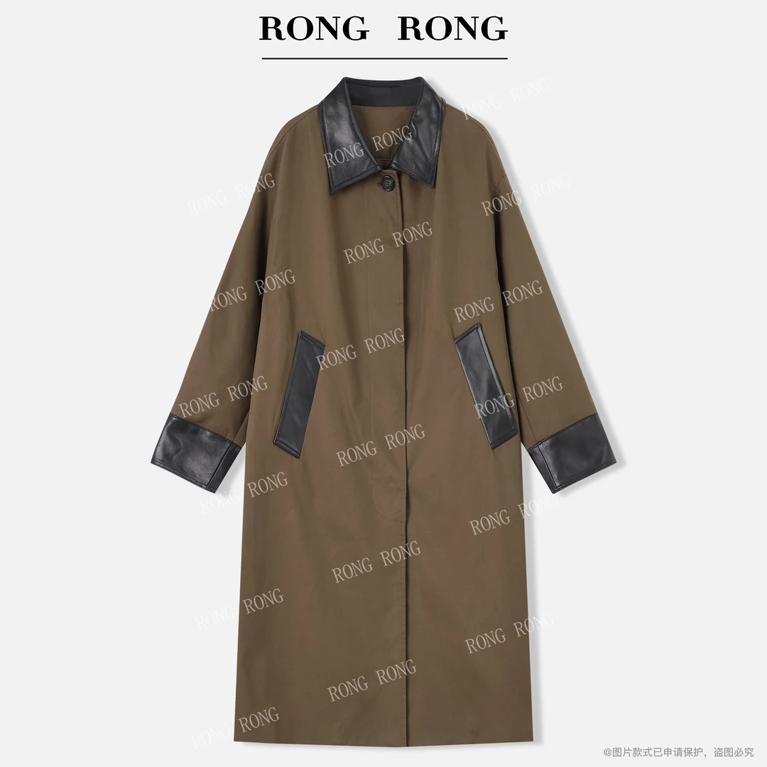 溶溶J【伦敦风雅】RONG 翻领撞色拼接巴恩风廓形风衣25D338