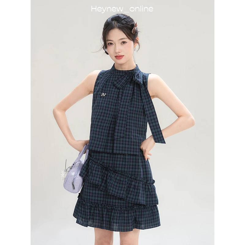 LOVEHEYNEW复古小众木耳边格纹短袖连衣裙女假两件裙子-5C1711