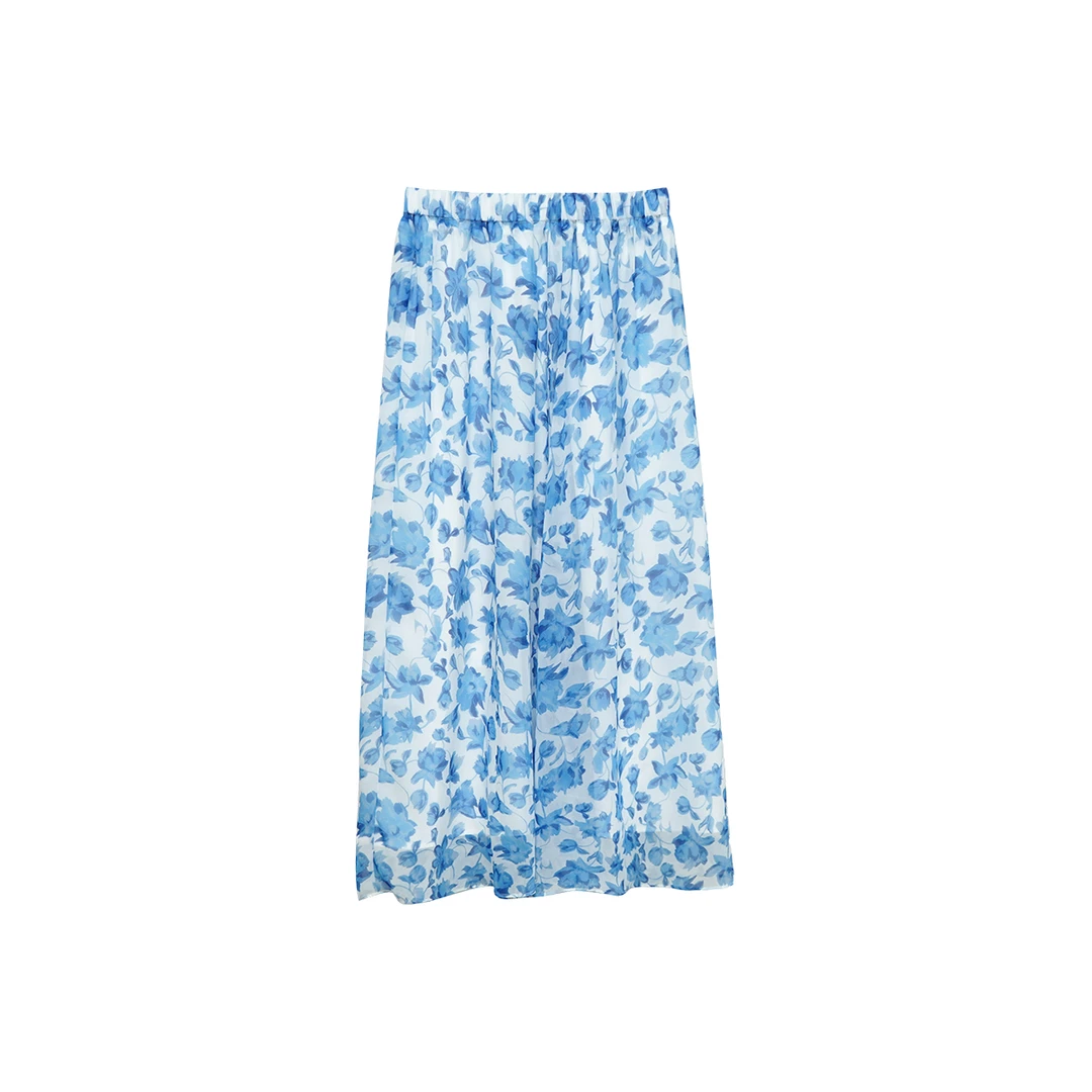 3D印花中长裙半身裙碎花苎麻半裙春夏气质女装百褶休闲高腰0029