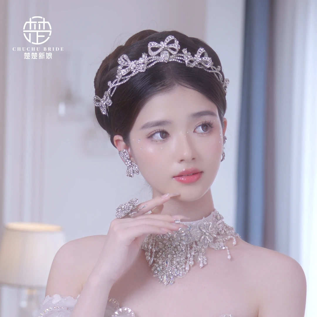 简约晚宴走秀生日王冠婚纱发饰品小巧锆石皇冠蝴蝶结新娘礼服头饰