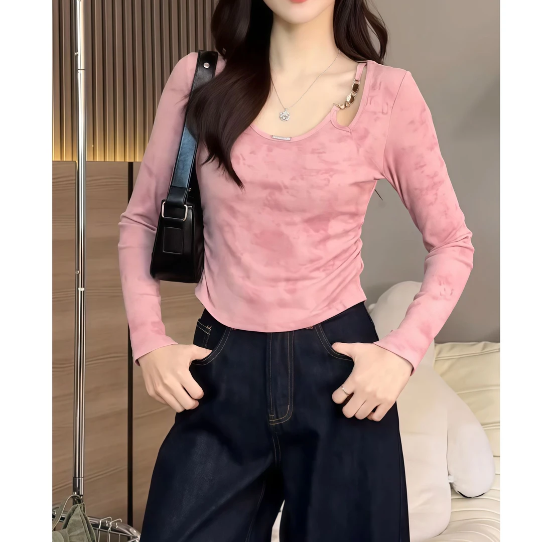 粉色设计感辣妹扎染长袖t恤女早秋上衣高级感独特绝美修身打底衫