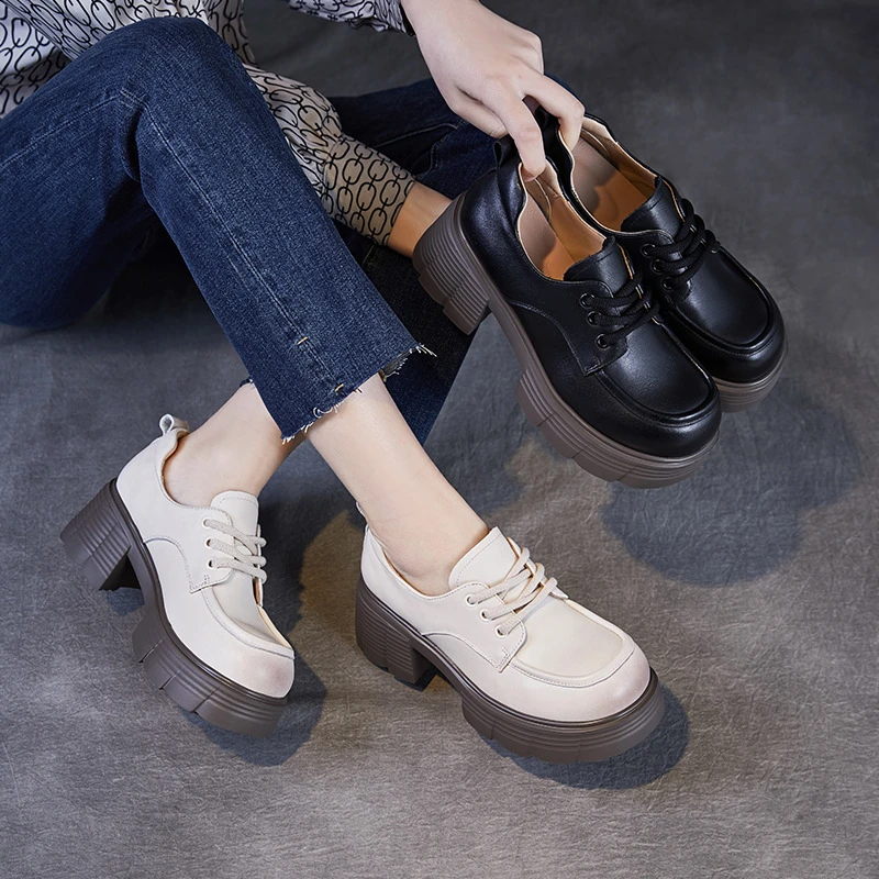 25新款头层牛皮厚底乐福鞋258231女款小个子增高休闲鞋英伦风真皮