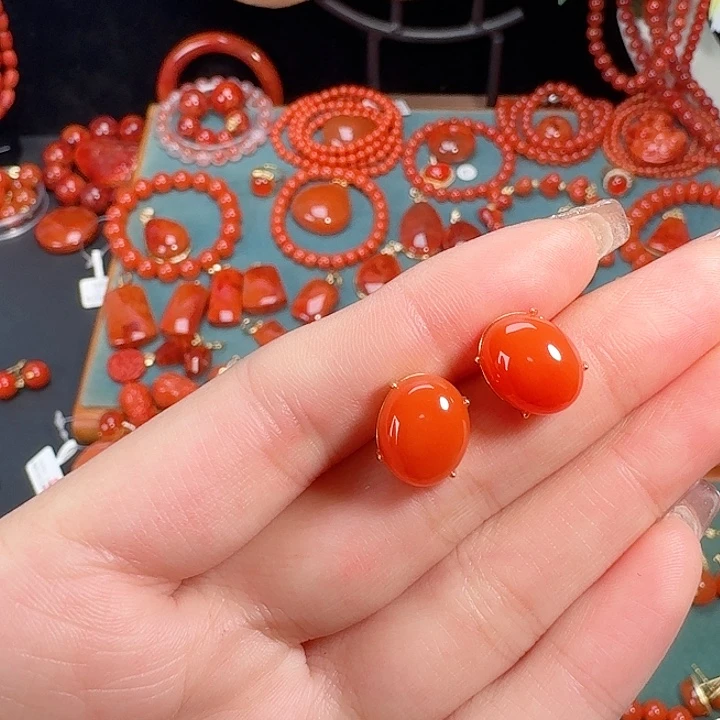 南红玛瑙银S925镶嵌顶货耳饰