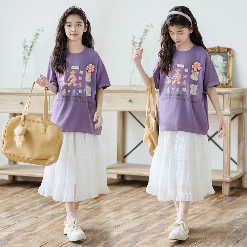 中大童女童半身裙夏季套装2024新款韩版儿童印花T恤半身裙两件套