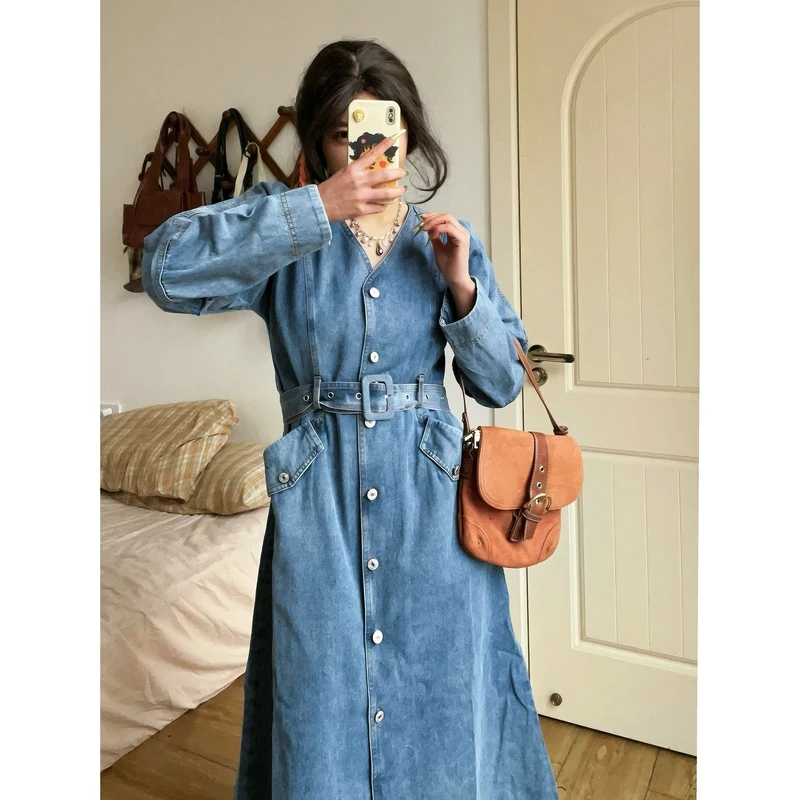 复古牛仔裙女 春季新款港风chic盐系蓝色高街长裙子