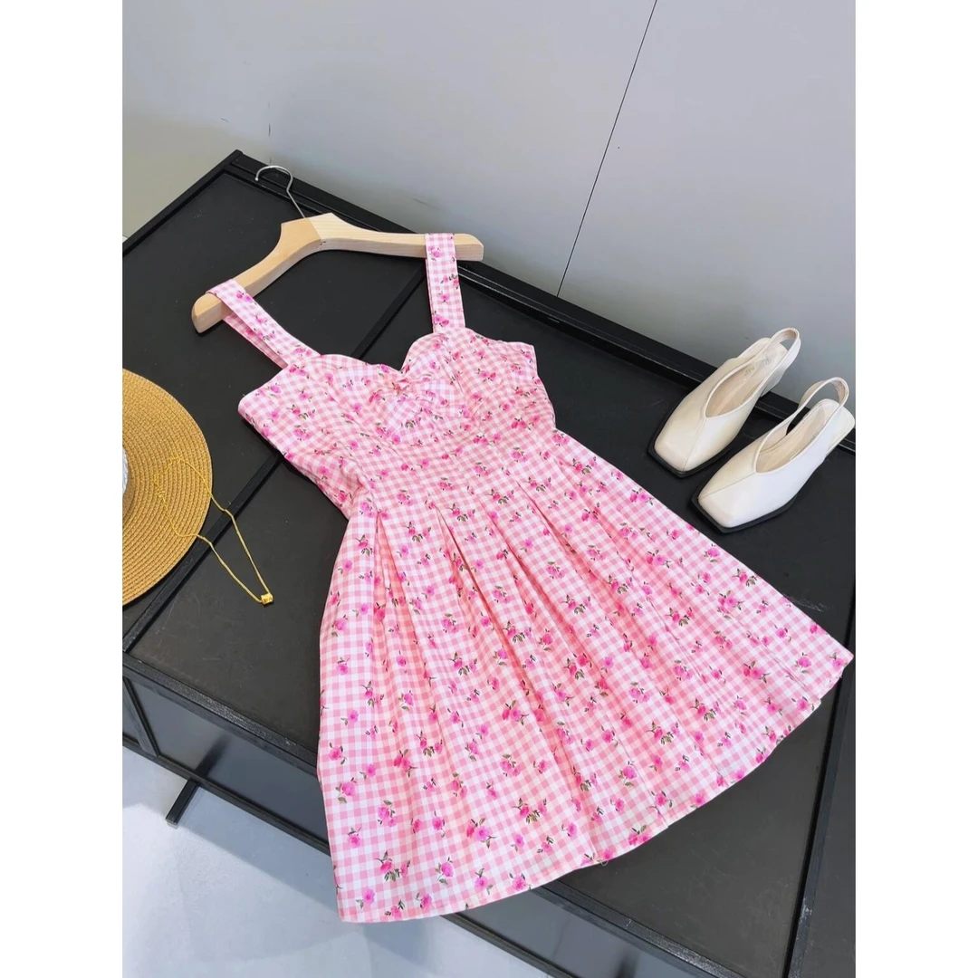 复古甜心风收腰格纹碎花吊带裙少女感格子连衣裙