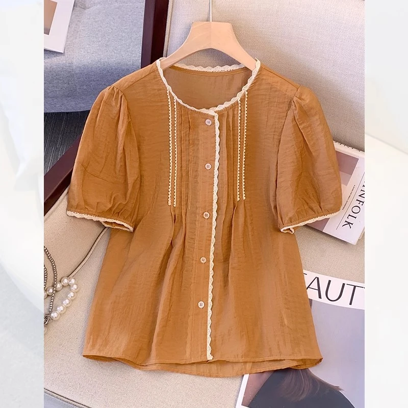 高级感法式蕾丝拼接泡泡袖衬衫上衣女夏季轻薄甜美减龄衬衣百搭潮