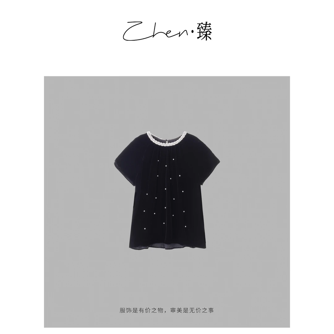 ZHEN.臻 法式钉珠圆领短袖T恤宽松显瘦气质短袖上衣SY8050Z