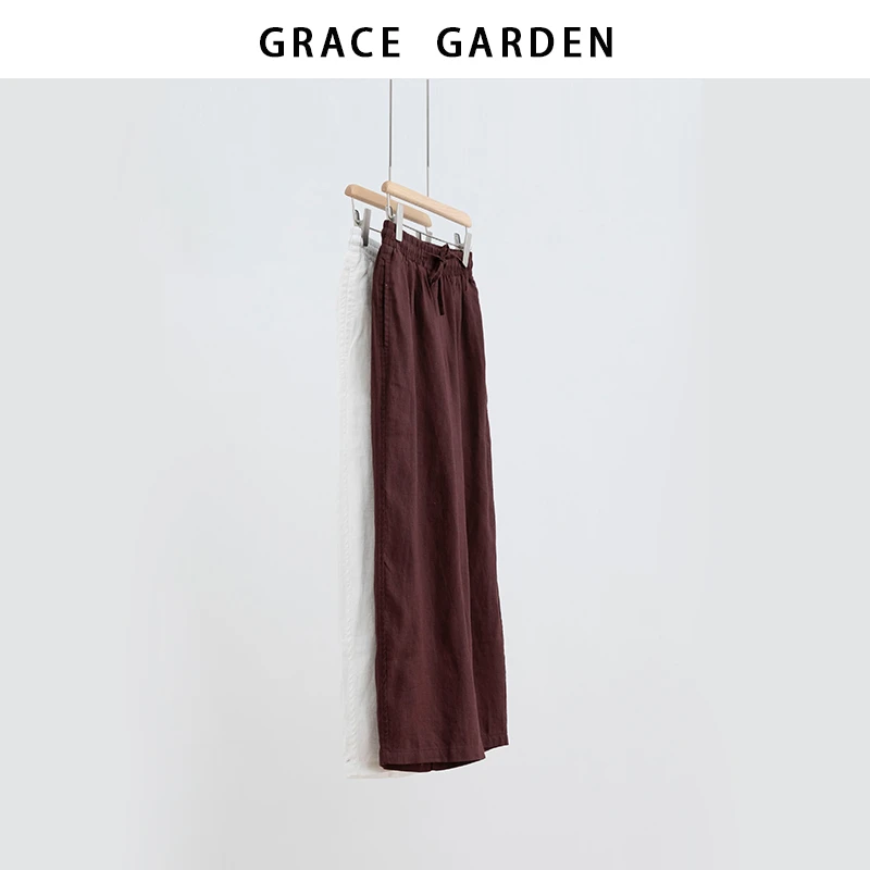 GRACE GARDEN【浆洗麻裤！】松紧腰抽绳舒适直筒休闲裤XXK5E3102