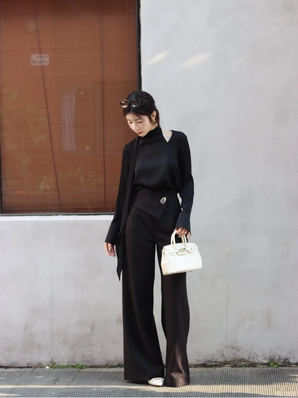 LM 高腰银扣西装阔腿加长裤