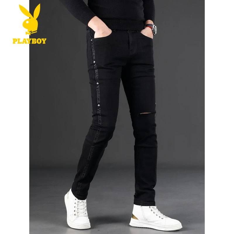 花花公子潮牌黑色牛仔裤男款刺绣破洞紧身裤子修身小脚显瘦弹力长