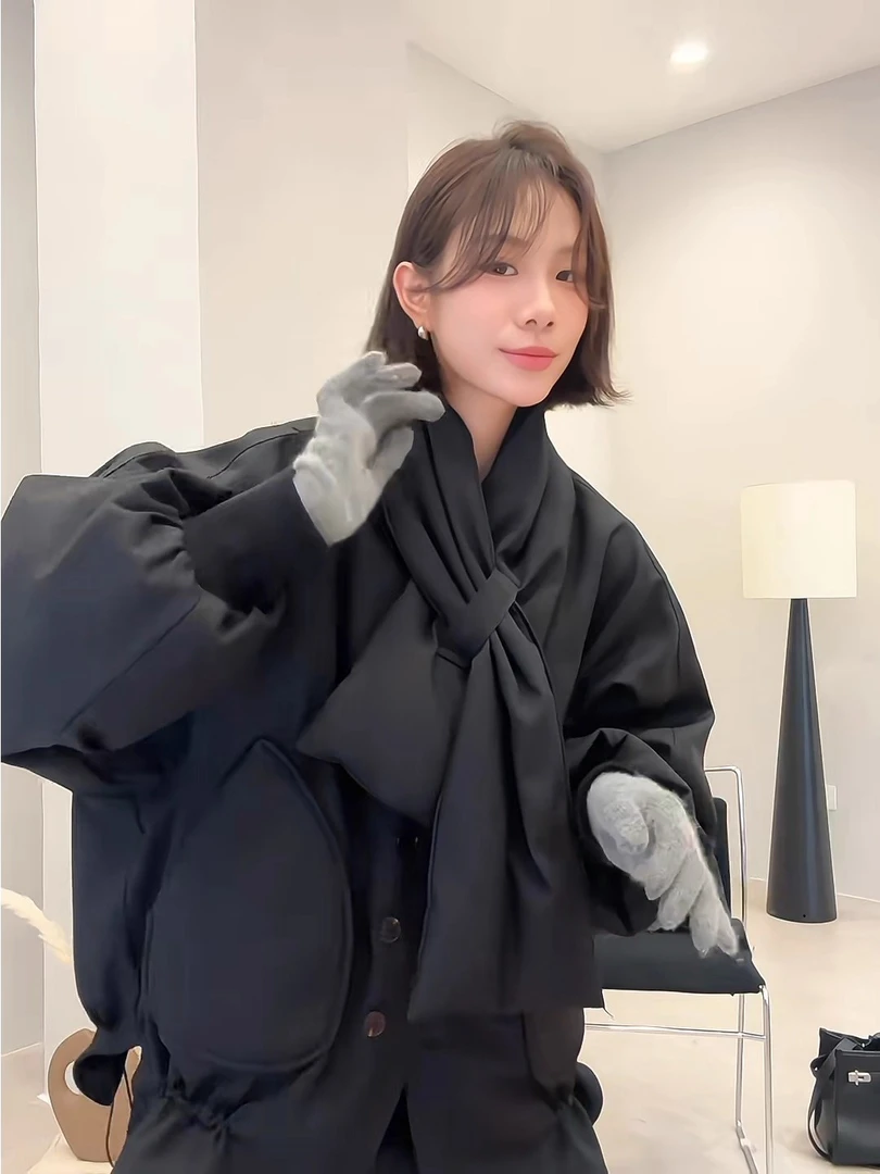 2025冬季新款韩系高级感小个子棉服外套时尚设计感带围脖棉衣棉袄