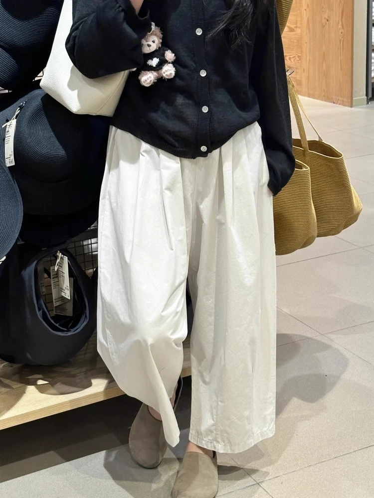 日系慵懒风白色裤女夏季大码胖mm休闲萝卜阔腿显瘦九分山本裤