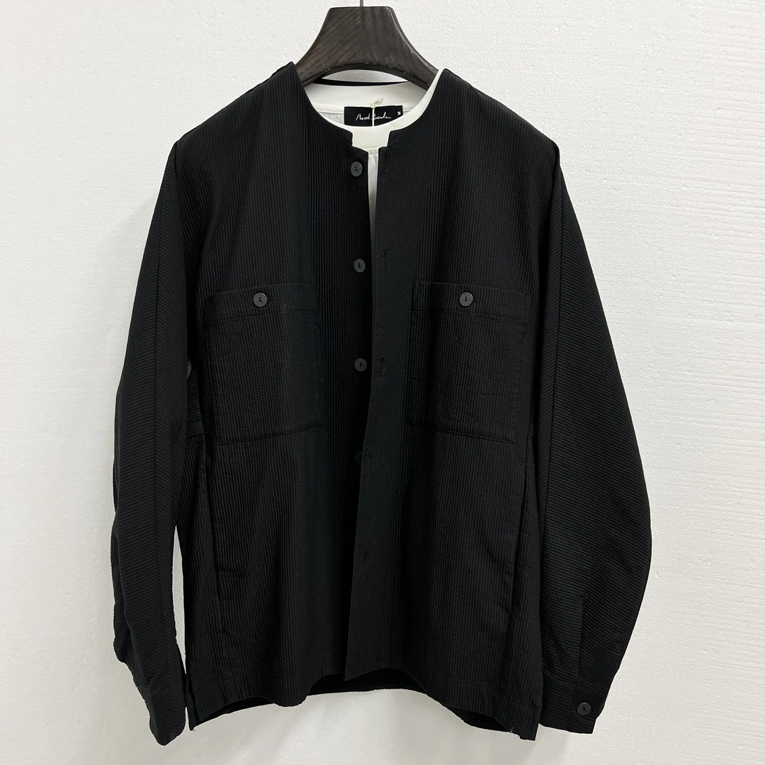 北纬三十度男士春秋长袖衬衫黑色无领新中式禅意风泡泡纱休闲衬衫