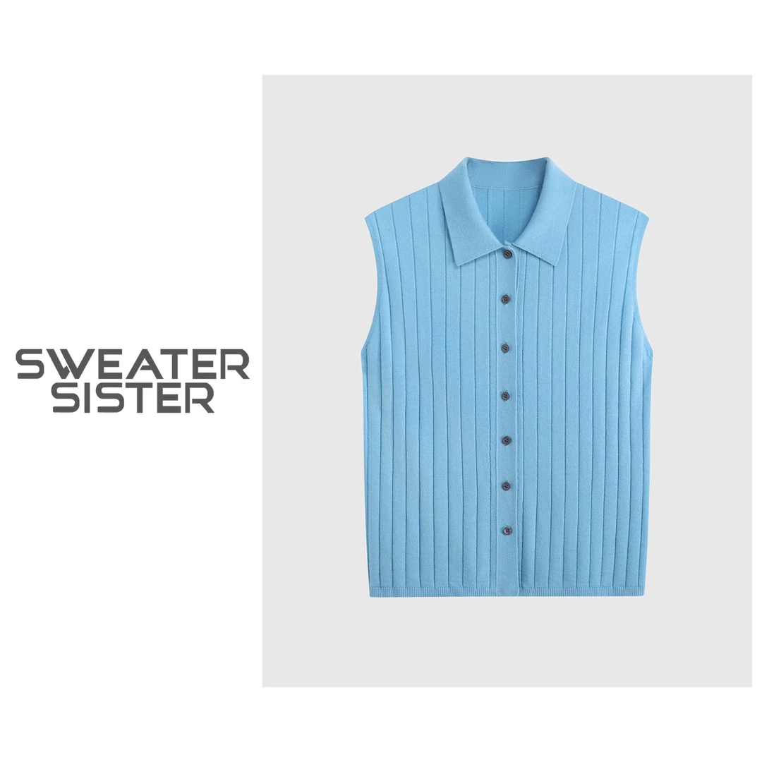 翻领无袖背心针织衫马甲开衫女6688-8861