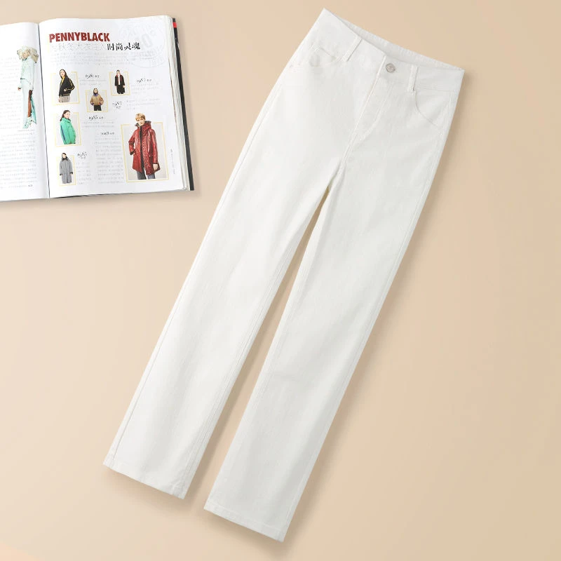 秋冬加绒白色直筒牛仔裤女2025高腰弹力显瘦百搭时尚法棍烟管裤子