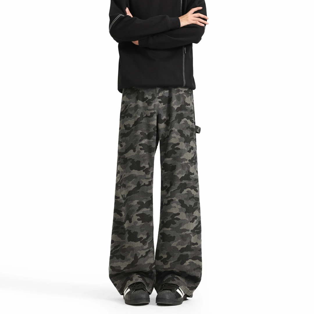 美式复古迷彩牛仔裤男款秋季高街痞帅cleanfit裤子宽松直筒工装裤