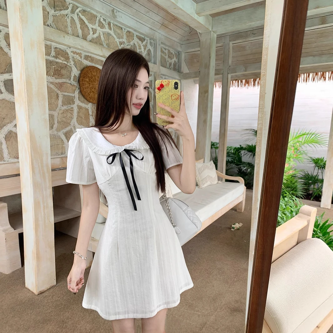A字裙实拍~造梦少女法式夏季气质蝴蝶结温柔白月光棉质收腰连衣