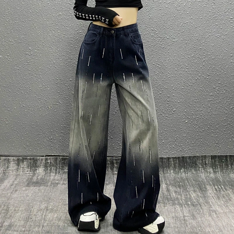 渐变色烫钻垂感休闲牛仔裤女春新款高腰宽松显瘦百搭直筒阔腿裤子