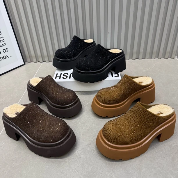 富338-8新款厚底粗跟满钻羊毛垫包头拖底厚8公分洋气百搭增高