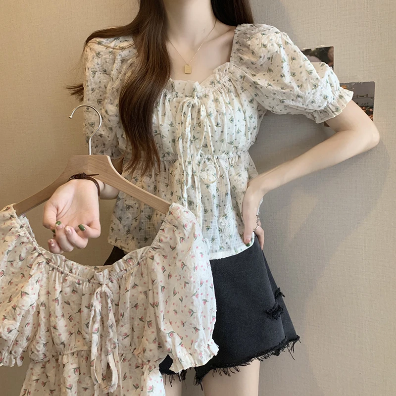 大码女装夏法式泡泡袖碎花雪纺短袖衬衫胖mm遮肚显瘦气质方领上衣