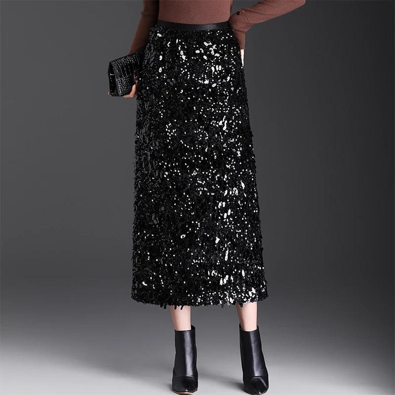 小香风亮片半身裙女秋冬2025新款高腰显瘦修身气质开叉包臀中长裙