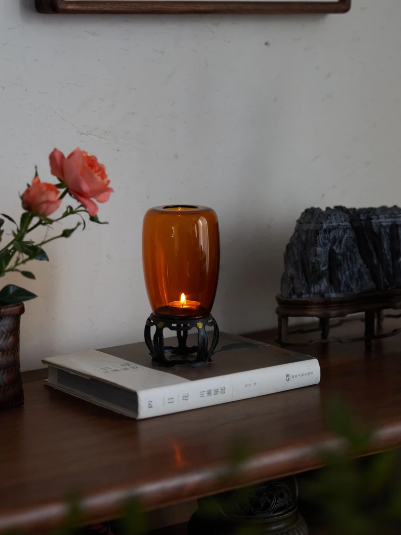 古篱蜡烛台铜制底座防风玻璃灯复古风香薰蜡光灯茶室装饰氛围摆件