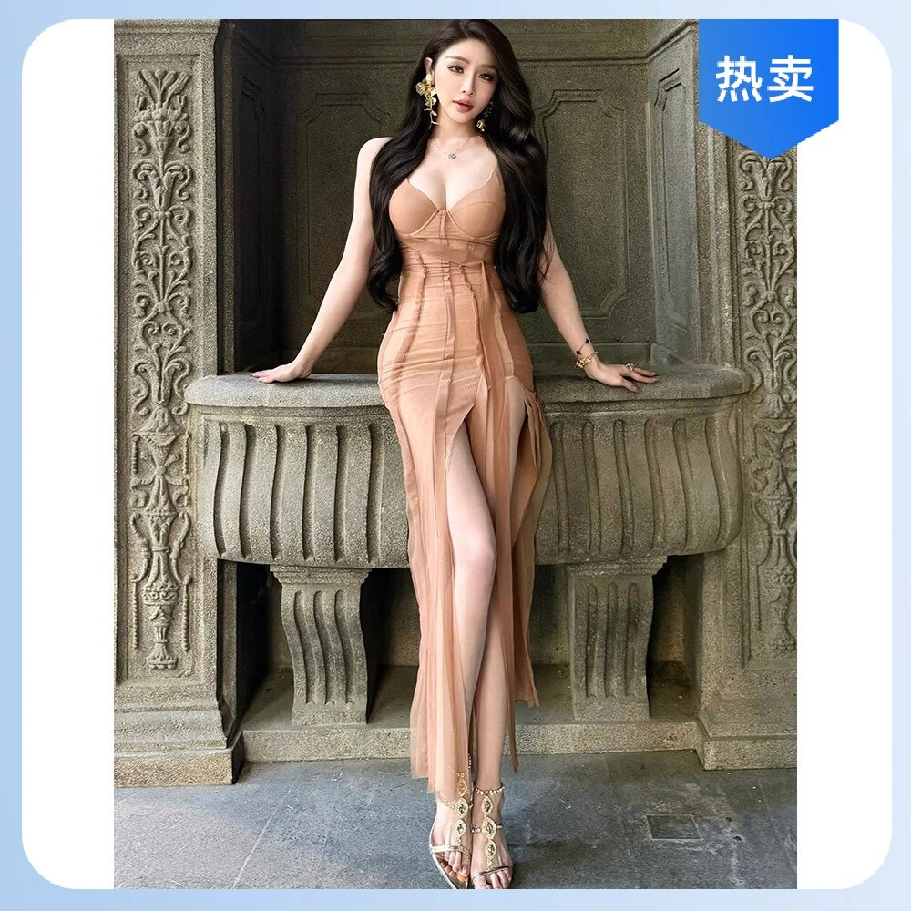 怪诞女孩 阿尔忒弥斯网纱飘带V领吊带连衣裙女 名媛性感开叉长裙