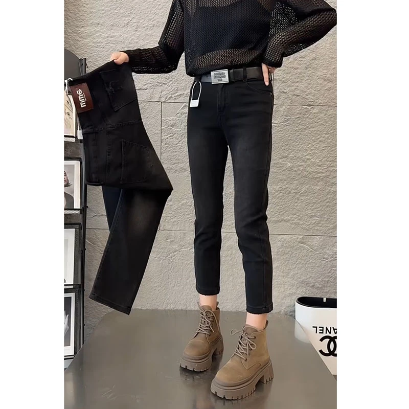 小个子穿搭2025年冬季新款高腰时髦百搭后兜磨破修身显瘦烟管裤