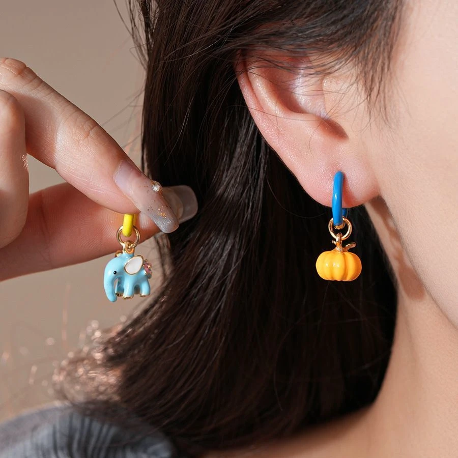 可爱多巴胺小象南瓜耳环彩色卡通小众设计耳扣高级感时尚百搭耳饰