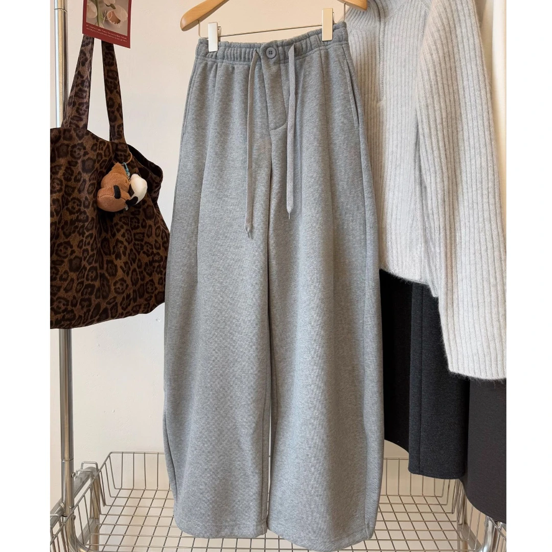 高端货~一粒扣婴儿绒加厚保暖抽绳卫裤休闲裤女加绒弯刀裤