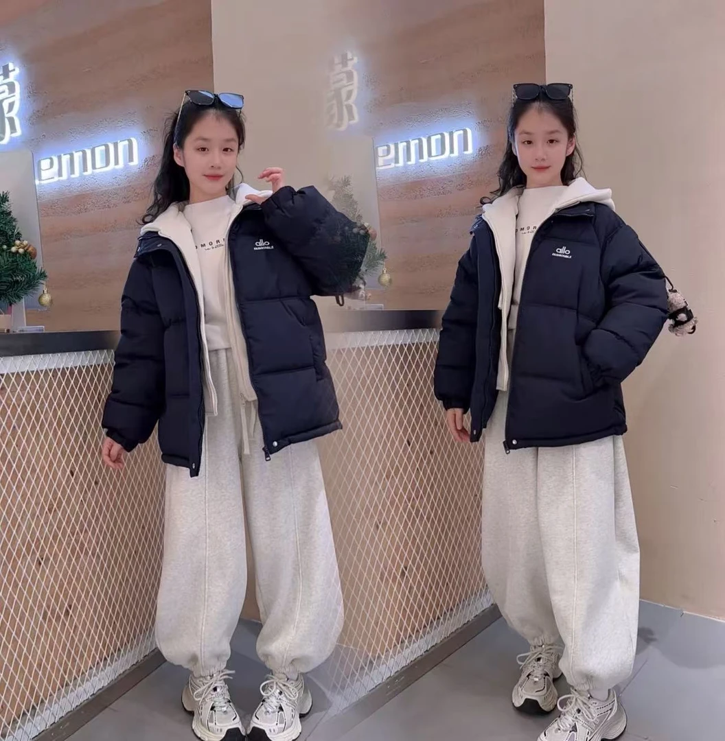 女童冬款韩版假两件棉衣中大童时尚休闲风加厚学生连帽棉服棉袄潮