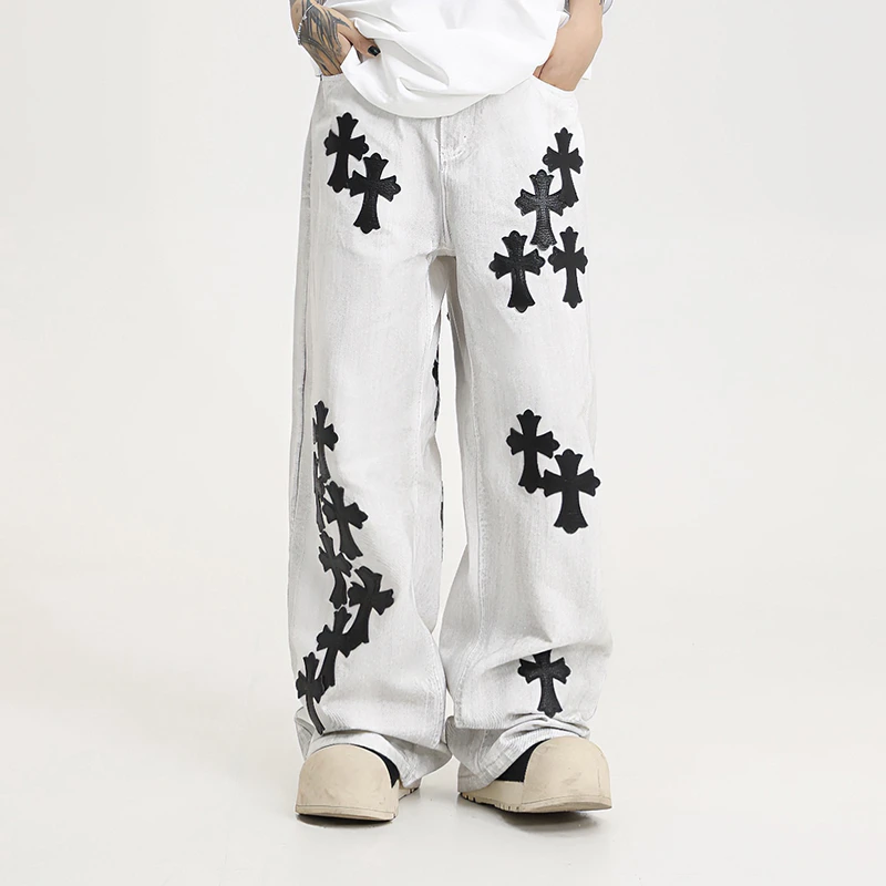 25SS新款【克罗图腾】高品质刺绣皮标慵懒宽松松弛复古十字架牛仔