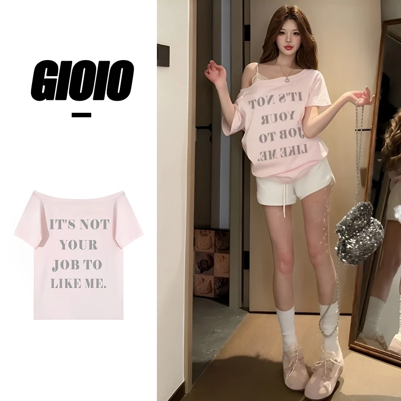 夏季美式显瘦辣妹露肩纯欲风斜肩印花洋气短袖短款T恤女上衣