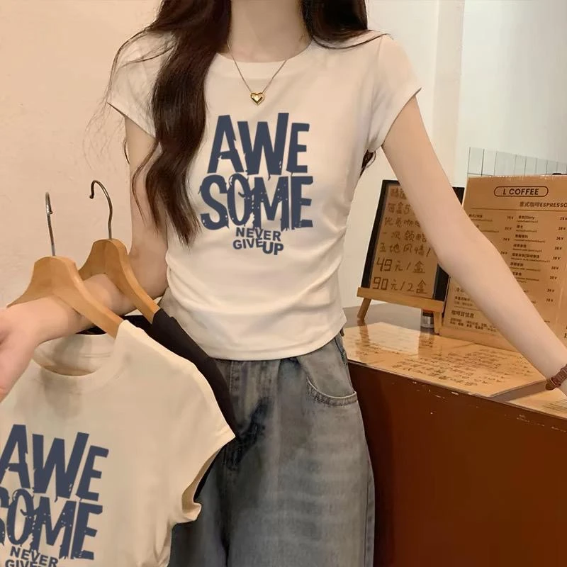 不规则褶皱圆领短袖t恤女夏季设计感修身短款小个子正肩体恤上衣